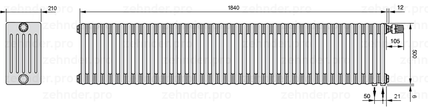 Схема (чертеж) Радиатор Zehnder Charleston 6050/40 №V002 Белый глянцевый RAL 9016